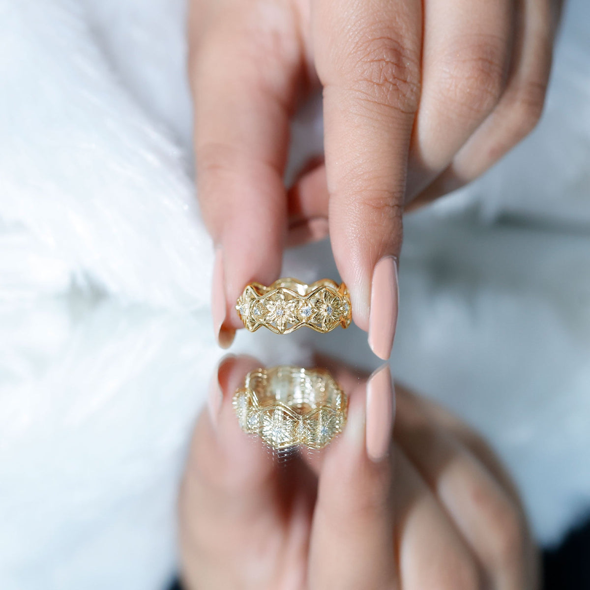 Natural diamond flower wedding band ring by Rosec Jewels with certificate, featuring a delicate floral design in polished metal.