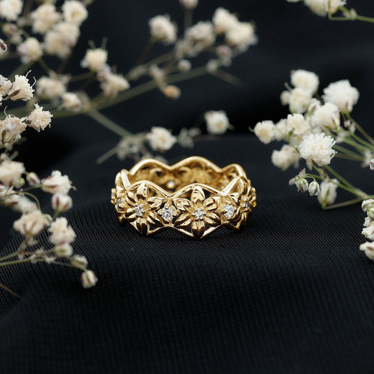 Natural diamond flower wedding band ring from Rosec Jewels featuring a detailed floral design and a certificate of authenticity.