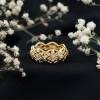 Natural diamond flower wedding band ring from Rosec Jewels featuring a detailed floral design and a certificate of authenticity.