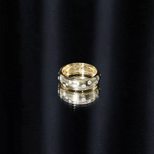 Wide band ring with scatter moissanite stones from Rosec Jewels, showcasing a sparkling wedding ring design in silver tone.