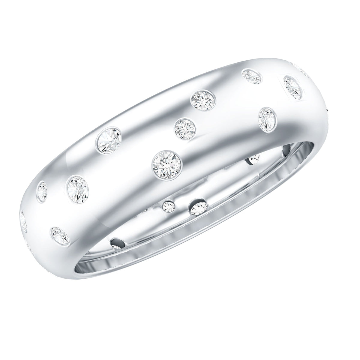 Wide band ring with scatter moissanite stones from Rosec Jewels, showcasing a sparkling, elegant wedding ring design.