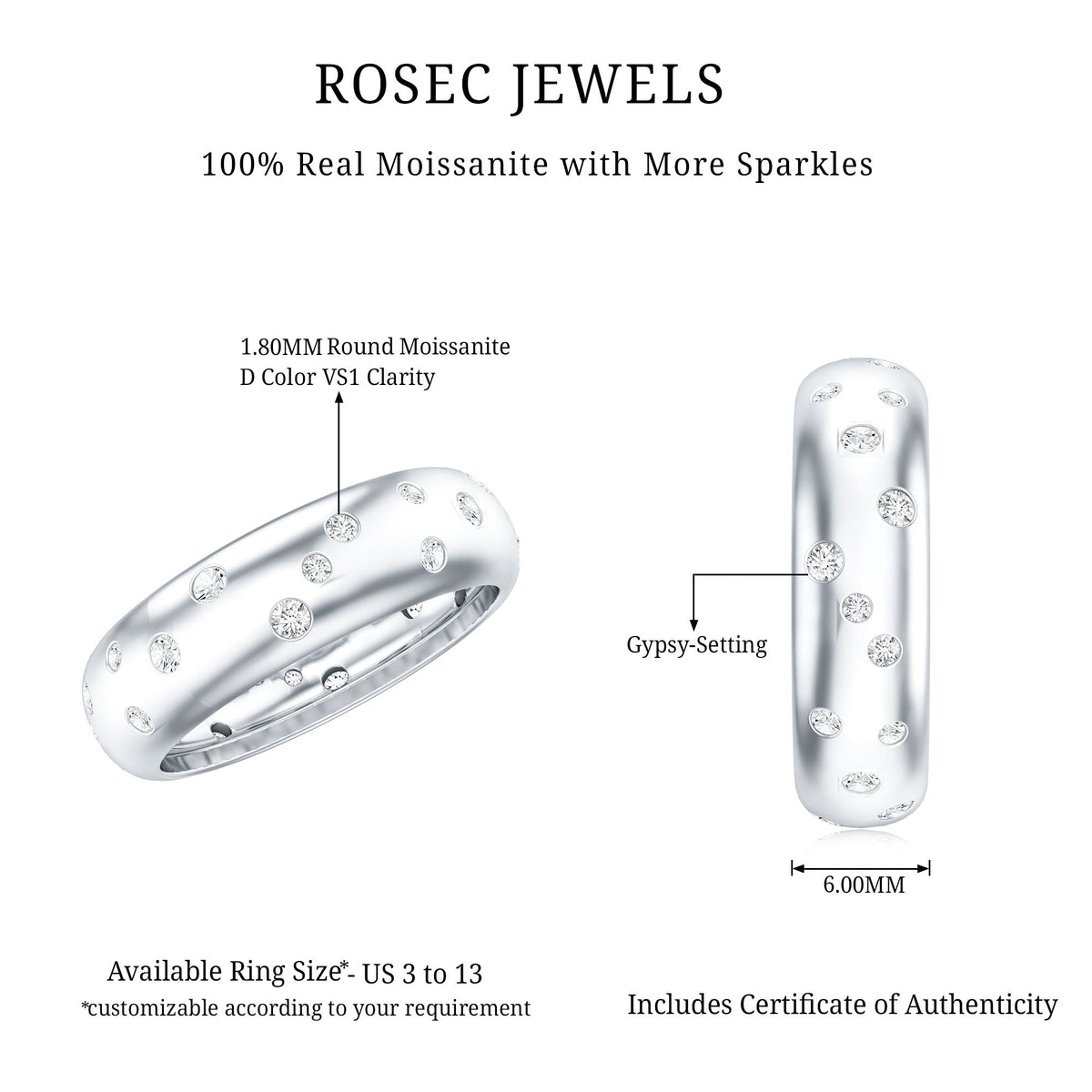 Wide band ring with sparkling moissanite stones, crafted by Rosec Jewels, designed as a stylish wedding ring.