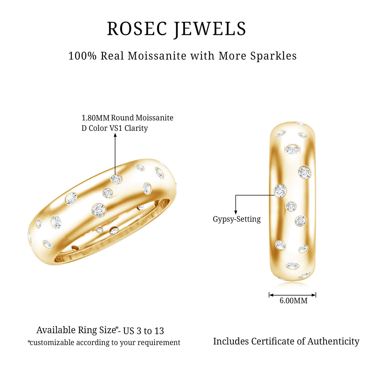 Rosec Jewels scatter moissanite wedding wide band ring with sparkling moissanite stones and a polished silver finish.