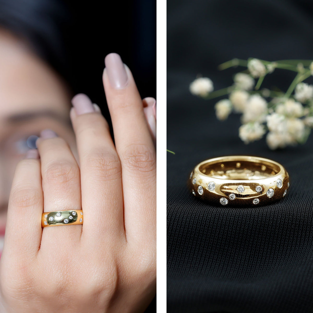Rosec Jewels scatter moissanite wide band ring with sparkling gemstones on a sleek silver band.