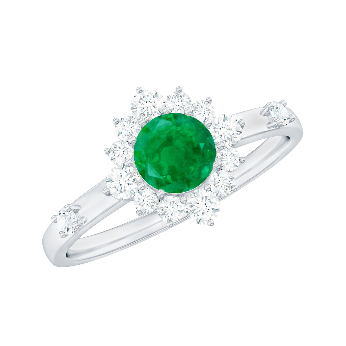 Rosec Jewels 5mm round emerald promise ring with diamond halo, showcasing a sparkling green gemstone and intricate metal band.