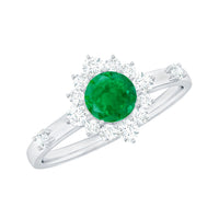 Rosec Jewels 5mm round emerald promise ring with diamond halo, showcasing a sparkling green gemstone and intricate metal band.
