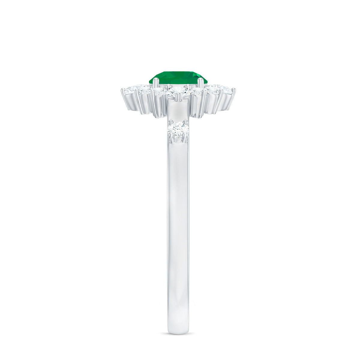 Rosec Jewels 5mm round emerald promise ring with diamond halo, showcasing a sparkling gemstone and elegant design.