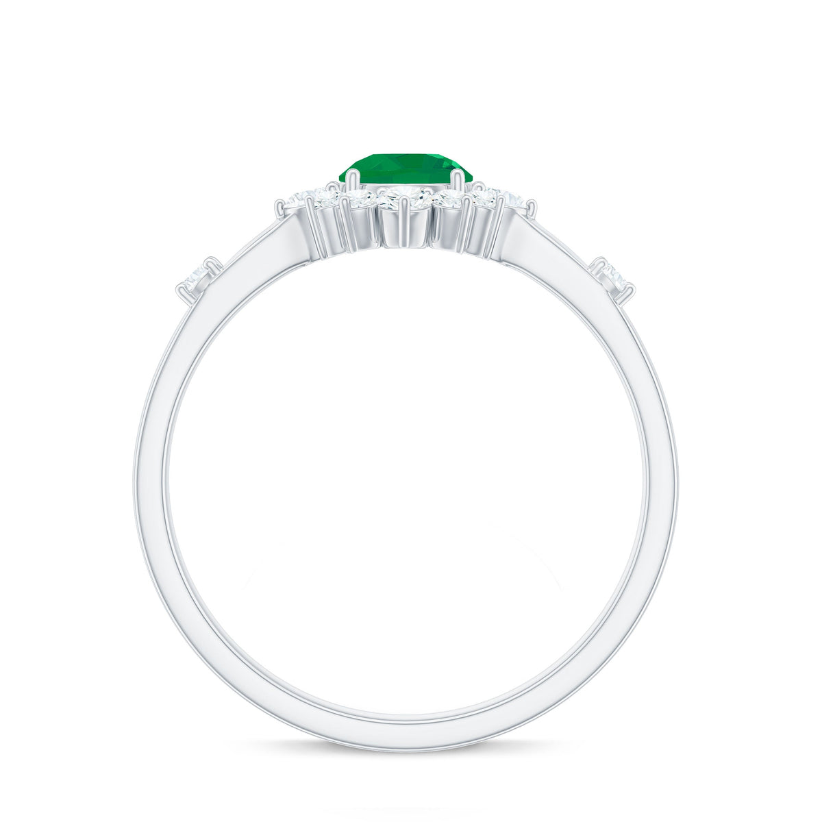 Rosec Jewels 5mm round emerald promise ring with diamond halo, showcasing a sparkling green gemstone and elegant design.