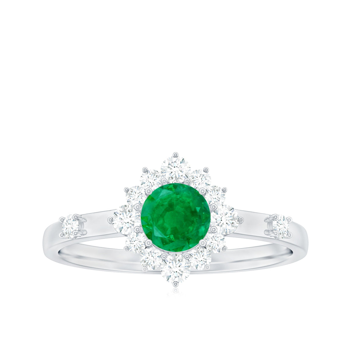 Rosec Jewels 5mm round emerald promise ring with diamond halo, featuring a detailed silver band and elegant design.