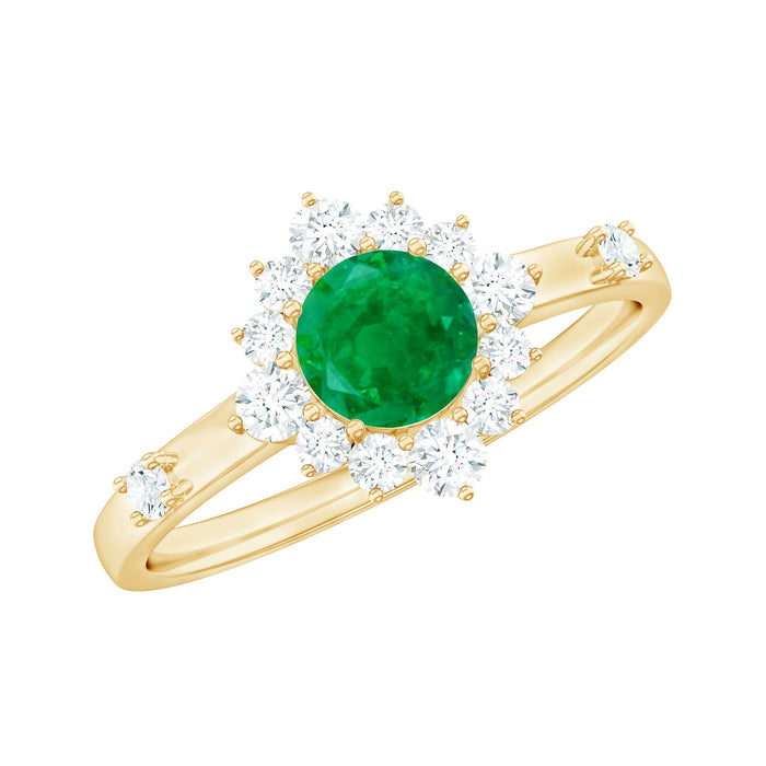 Rosec Jewels 5mm round emerald promise ring with diamond halo, featuring a sleek band and sparkling gemstone accents.