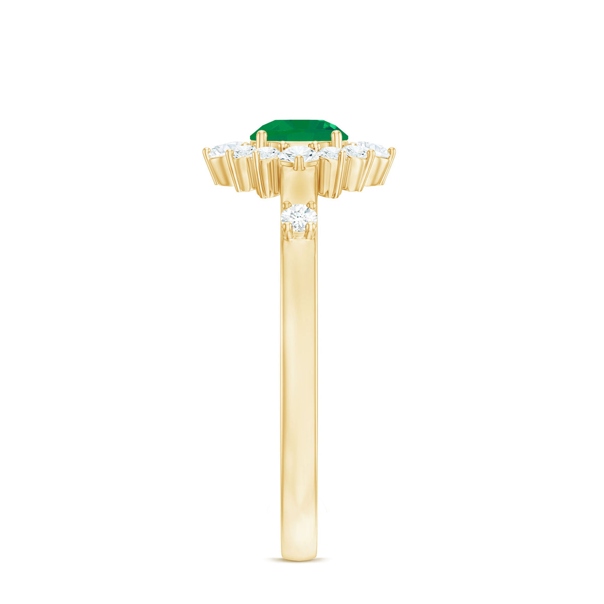 Rosec Jewels 5mm round emerald promise ring with diamond halo, showcasing a sparkling green gemstone and elegant silver band.