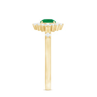 Rosec Jewels 5mm round emerald promise ring with diamond halo, showcasing a sparkling green gemstone and elegant silver band.