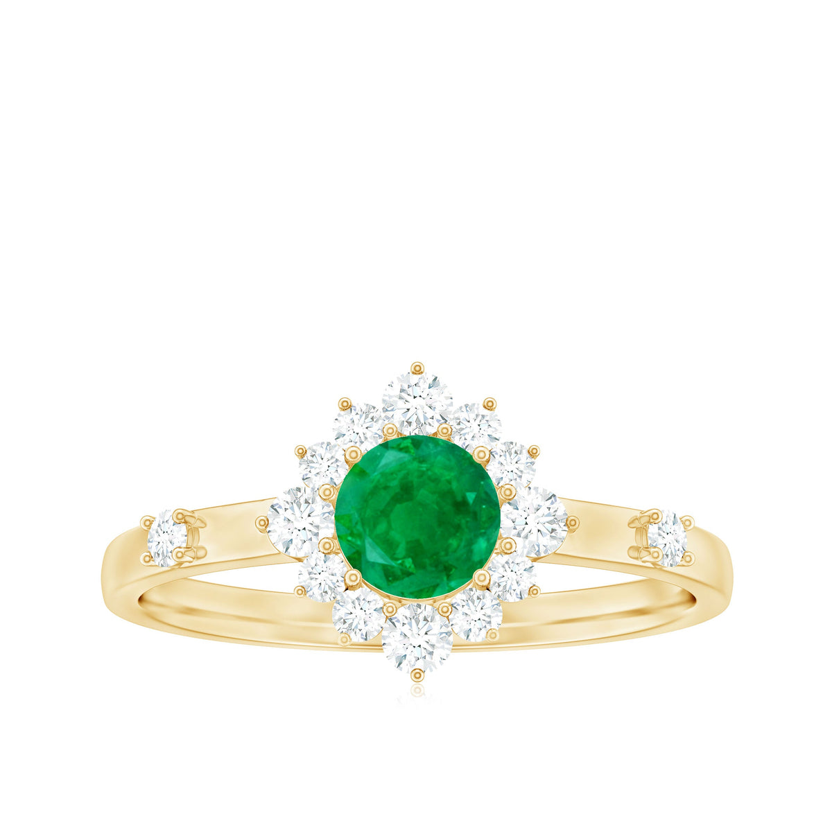 Rosec Jewels 5mm round emerald promise ring with diamond halo, showcasing a sparkling central emerald and intricate gemstone setting.