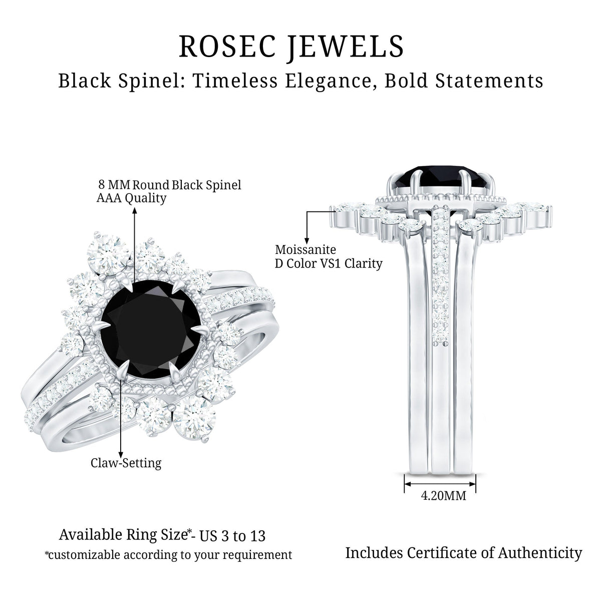 2.6 Carat Vintage Style Black Spinel 3 Piece Ring Set with Moissanite