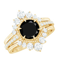 2.6 Carat Vintage Style Black Spinel 3 Piece Ring Set with Moissanite
