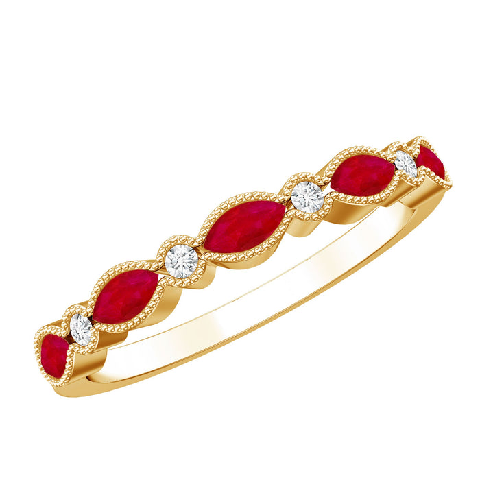 Certified Marquise Ruby half eternity ring with lab diamonds from Rosec Jewels, featuring a band of marquise-cut rubies and sparkling lab diamonds.