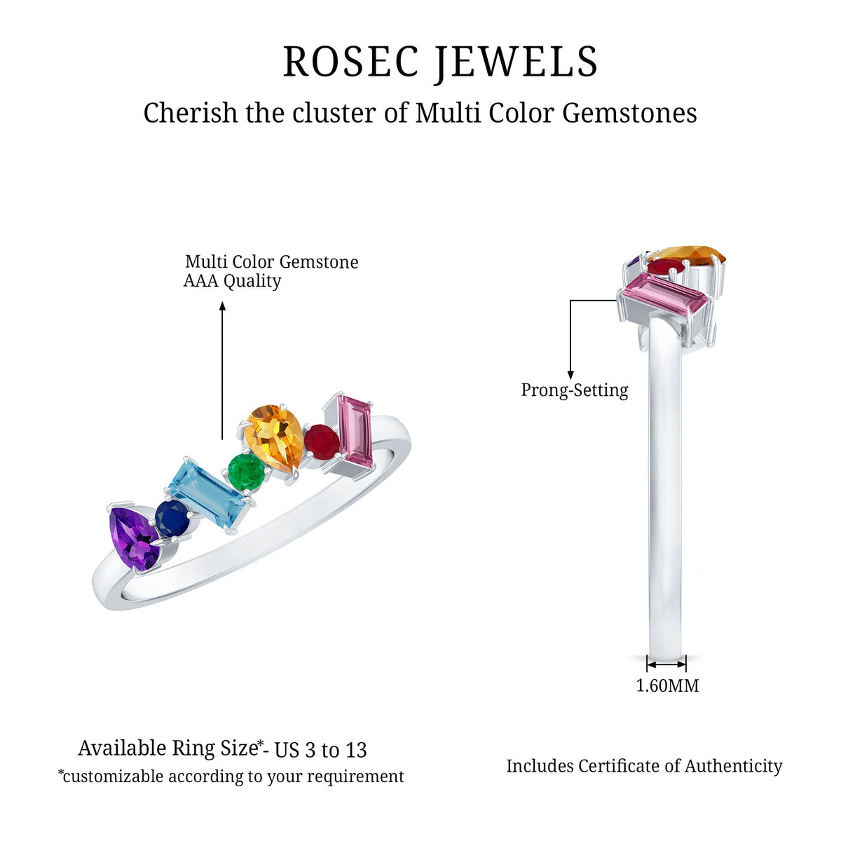 Natural multi-gemstone promise ring for women featuring colorful gemstones set in a delicate band from Rosec Jewels.