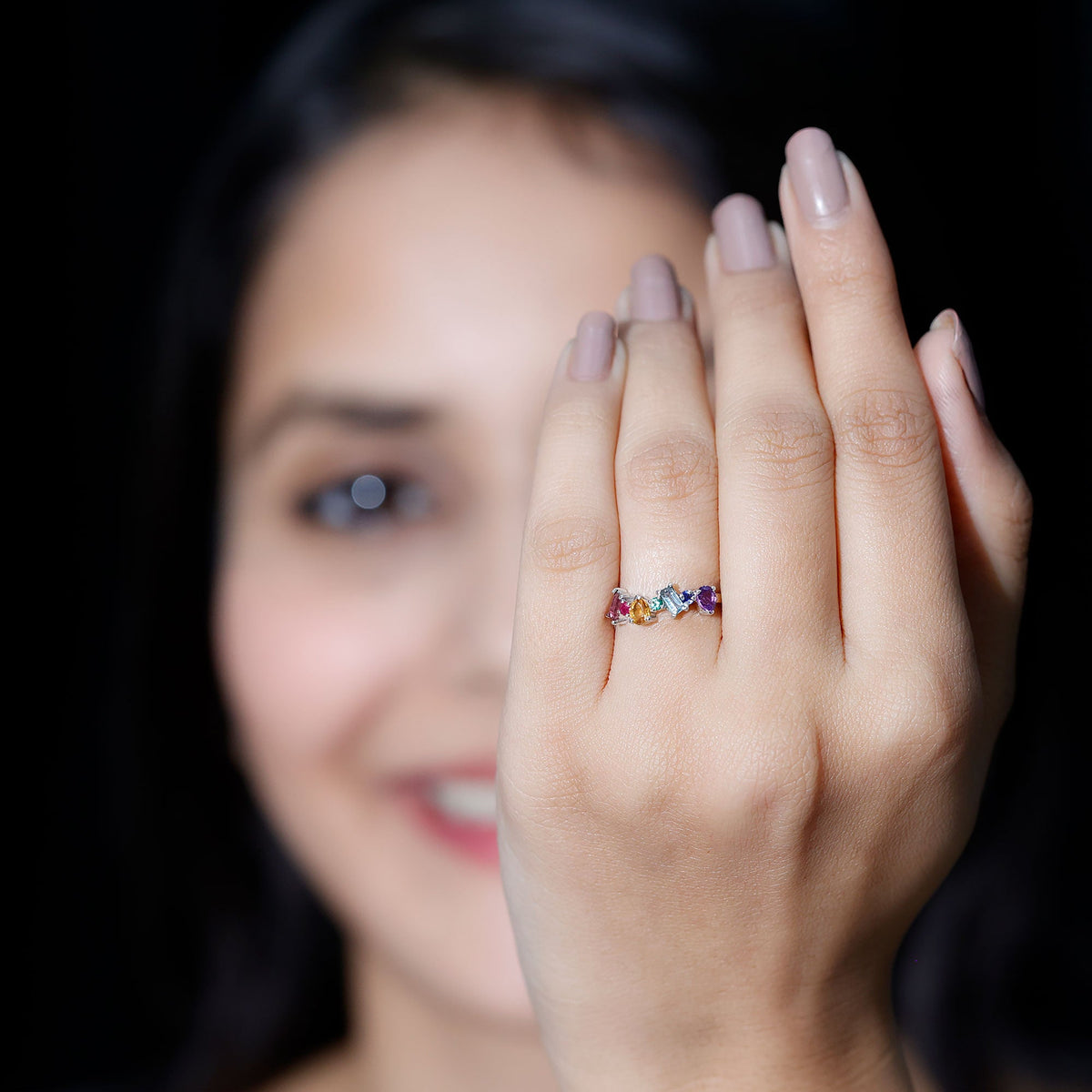 Natural multi-gemstone promise ring for women by Rosec Jewels, featuring colorful gemstones set in a delicate ring design.