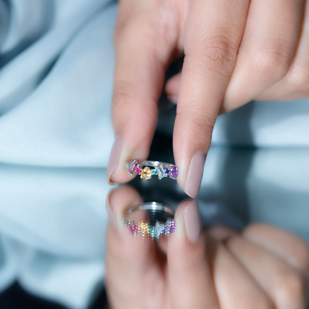 Natural multi-gemstone promise ring for women featuring vibrant gemstones set in a rose gold band by Rosec Jewels.