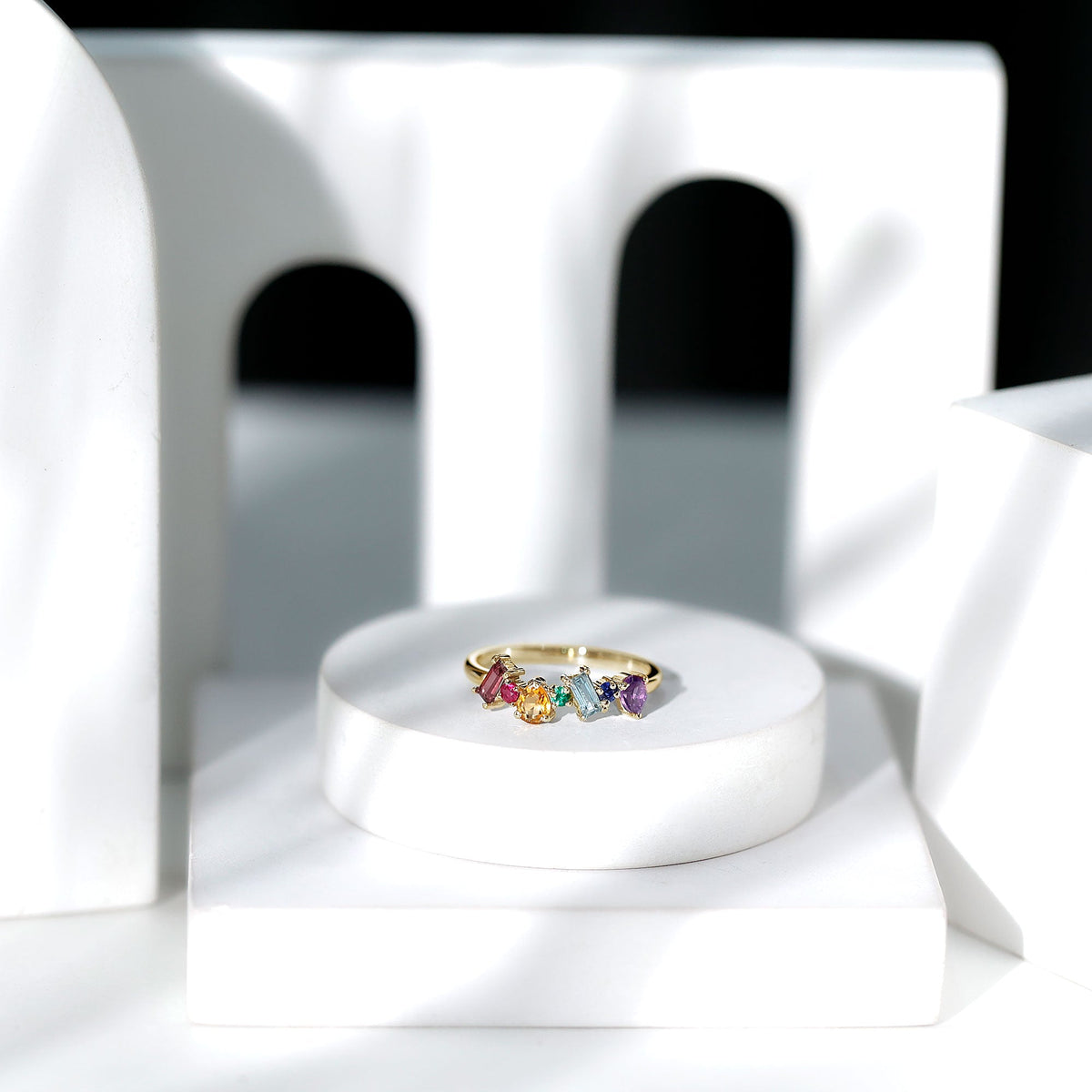 Natural multi-gemstone promise ring for women by Rosec Jewels featuring colorful gemstones in a silver band.