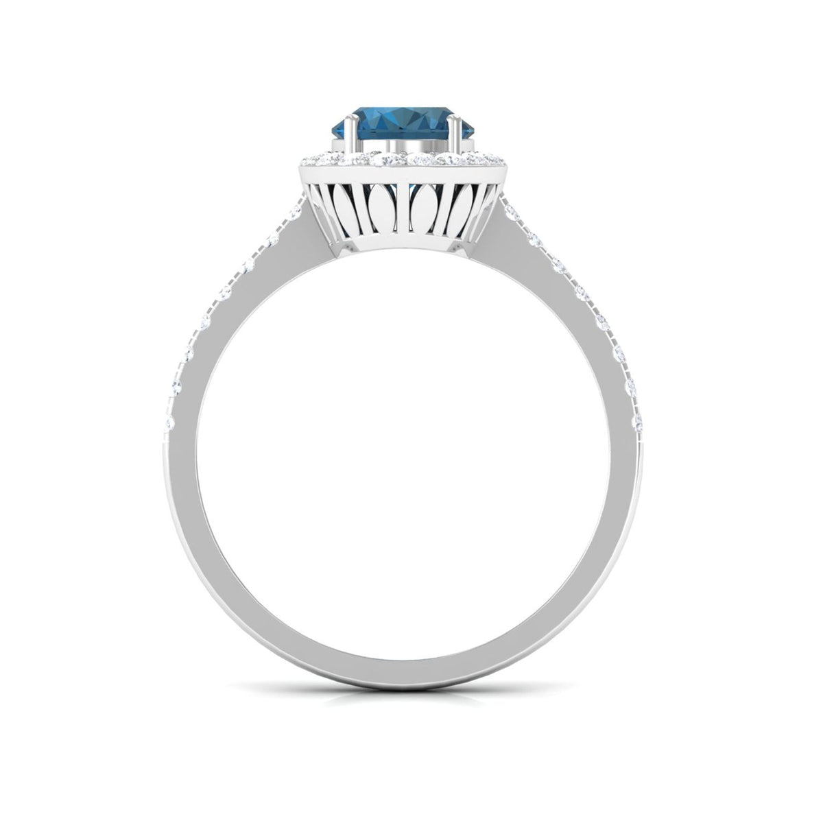 Oval cut London Blue Topaz solitaire ring with diamond halo, set in a rose gold band, by Rosec Jewels.