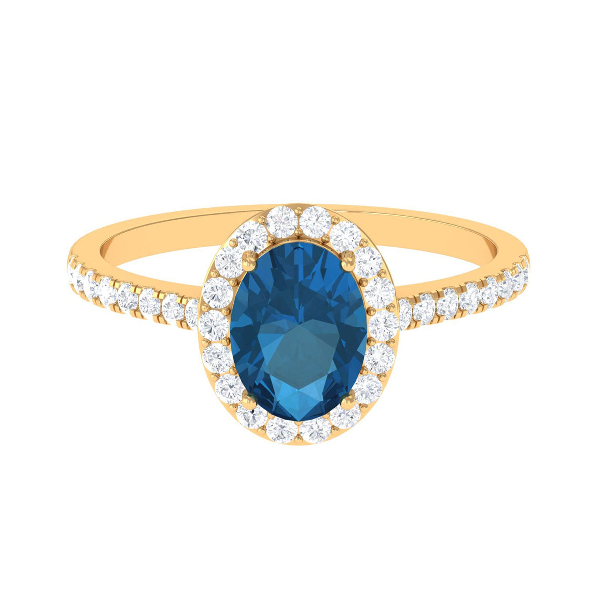 Oval cut London Blue Topaz solitaire ring with diamond halo, set in a elegant jewelry ring by Rosec Jewels.