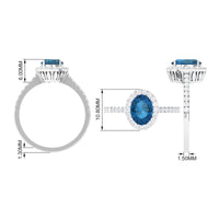 Rosec Jewels 2 CT oval cut London Blue Topaz solitaire ring with diamond halo, showcasing a sparkling blue gemstone and elegant design.