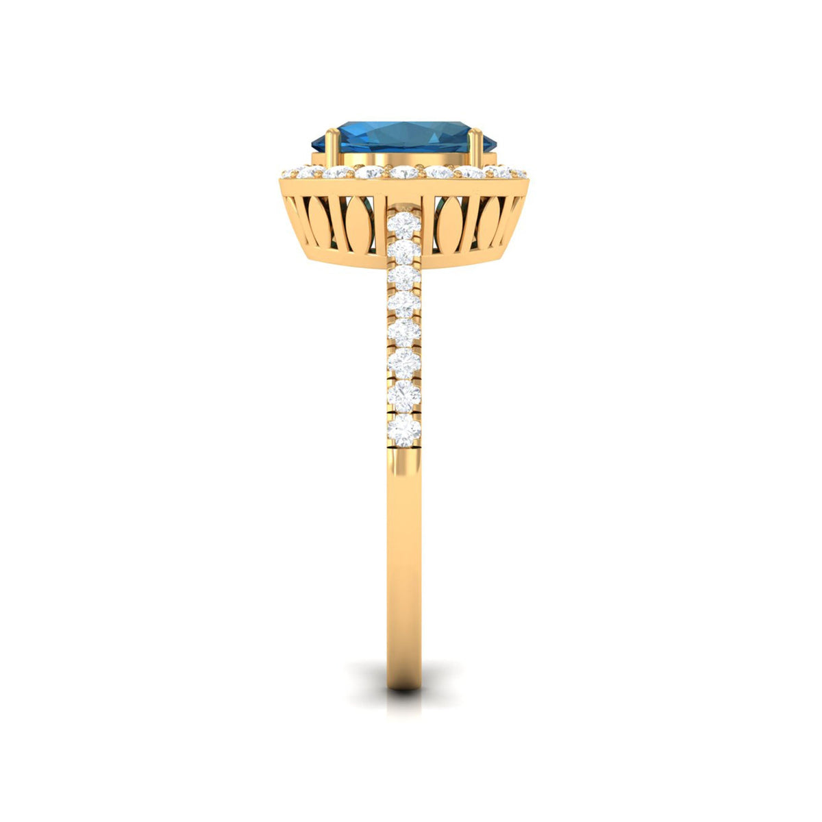 Oval cut London Blue Topaz solitaire ring with diamond halo, showcasing a silver band and elegant gemstone setting.