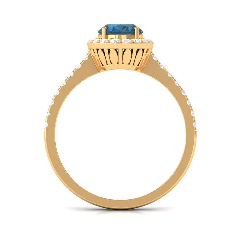 Rosec Jewels 2 CT oval cut London Blue Topaz solitaire ring with diamond halo, showcasing a stunning blue gemstone and sparkling accents.