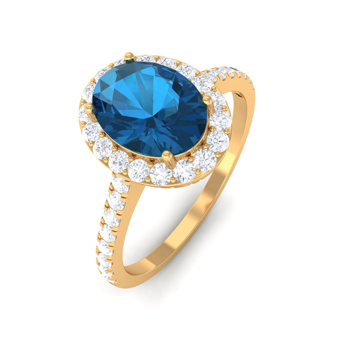 Rosec Jewels 2 CT oval London Blue Topaz solitaire ring with diamond halo, showcasing a stunning blue gemstone and sparkling halo setting.