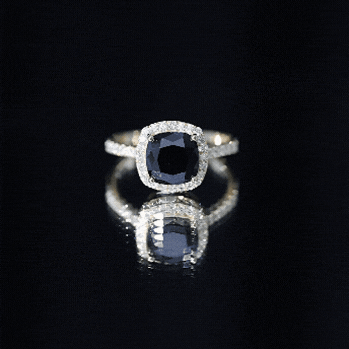 Rosec Jewels 2.8 carat lab-grown black diamond cushion ring with white diamond halo, elegant engagement ring design