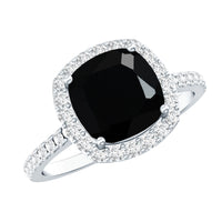 2.8 Carat Lab Grown Black Diamond Cushion Cut Engagement Ring with White Diamond Halo
