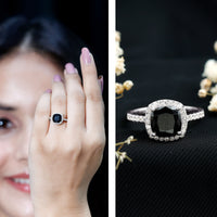 2.8 Carat Lab Grown Black Diamond Cushion Cut Engagement Ring with White Diamond Halo