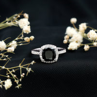 2.8 Carat Lab Grown Black Diamond Cushion Cut Engagement Ring with White Diamond Halo