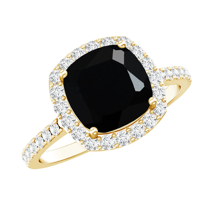 Rosec Jewels 2.8 carat lab-grown black diamond cushion cut engagement ring with white diamond halo, detailed gemstone setting.