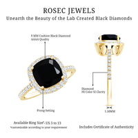 2.8 Carat Lab Grown Black Diamond Cushion Cut Engagement Ring with White Diamond Halo