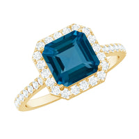 Real 3 Carat London Blue Topaz Asscher Cut Engagement Ring with Diamond