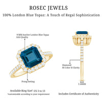 Real 3 Carat London Blue Topaz Asscher Cut Engagement Ring with Diamond