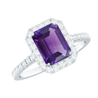 Rosec Jewels 1.4 carat amethyst emerald cut engagement ring with diamond halo, showcasing a stunning purple gemstone and intricate setting