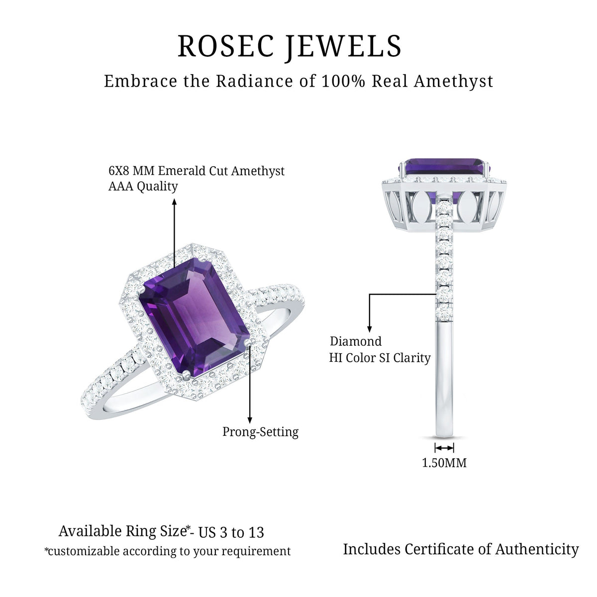 1.4 carat amethyst emerald cut engagement ring with diamond halo from Rosec Jewels, featuring a stunning purple gemstone and sparkling accents.