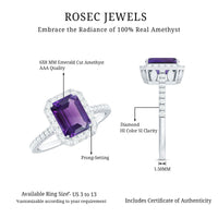 1.4 carat amethyst emerald cut engagement ring with diamond halo from Rosec Jewels, featuring a stunning purple gemstone and sparkling accents.