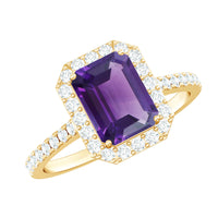Rosec Jewels 1.4 Carat amethyst emerald cut engagement ring with diamond halo, showcasing a stunning purple gemstone and intricate design