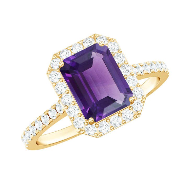 Rosec Jewels 1.4 Carat amethyst emerald cut engagement ring with diamond halo, showcasing a stunning purple gemstone and intricate design