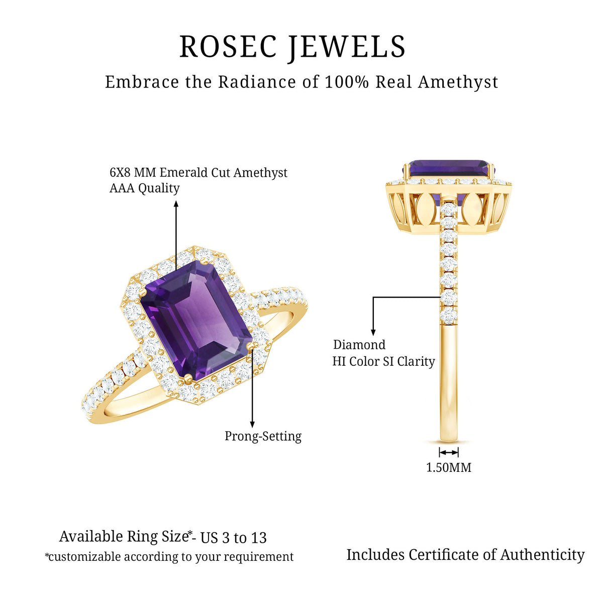 Emerald cut amethyst engagement ring with diamond halo from Rosec Jewels, showcasing a 1.4 carat purple gemstone and sparkling halo setting.
