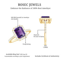 Emerald cut amethyst engagement ring with diamond halo from Rosec Jewels, showcasing a 1.4 carat purple gemstone and sparkling halo setting.
