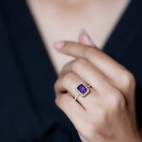 Emerald cut 1.4 carat amethyst engagement ring with diamond halo and rose gold band by Rosec Jewels
