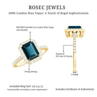 6X8mm Emerald Cut London Blue Topaz Engagement Ring with Diamond Halo