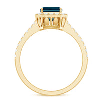 6X8mm Emerald Cut London Blue Topaz Engagement Ring with Diamond Halo