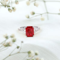 2 Carat Lab Grown Ruby Emerald Cut Engagement Ring with Split Shank