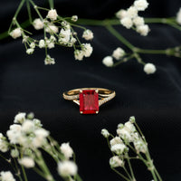 2 Carat Lab Grown Ruby Emerald Cut Engagement Ring with Split Shank